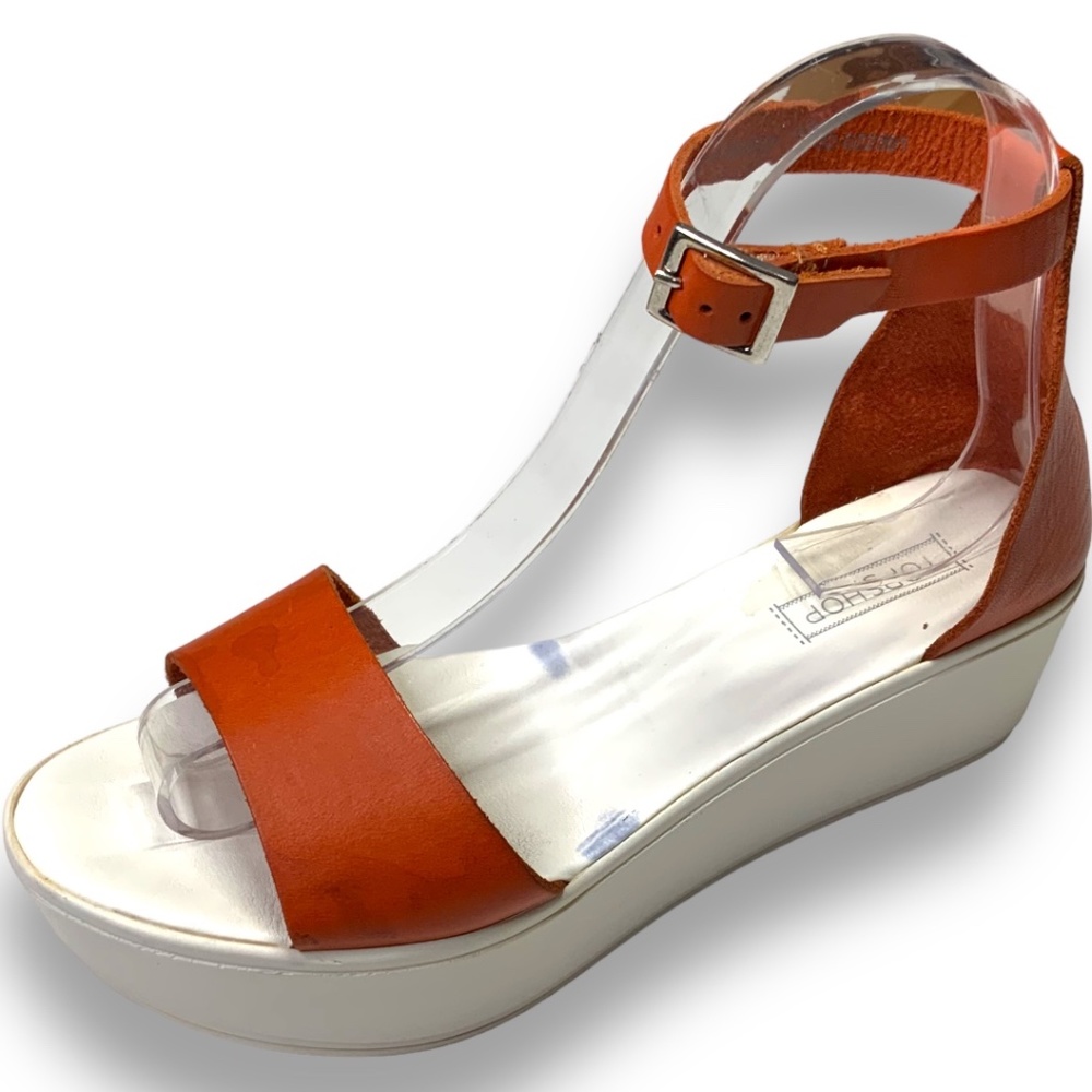 TOPSHOP Genuine Leather Upper Cognac Platform Sandals Closed Back Buckle Strap 7
